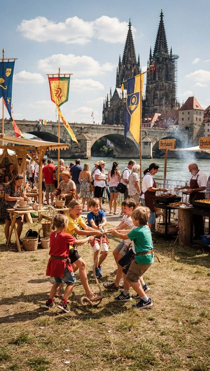 Die Steinerne Brücke in Regensburg mit Blick auf die Donau bei Sonnenuntergang.