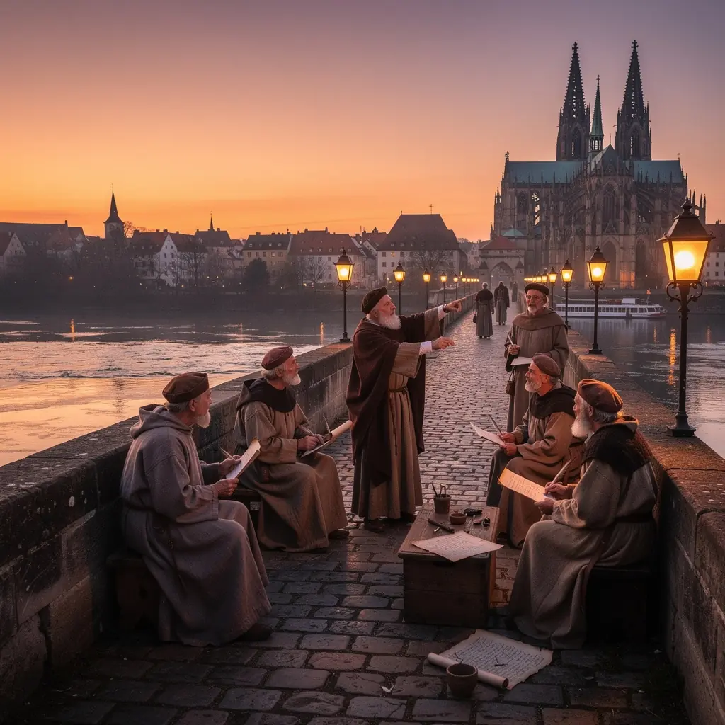 Der majestätische Dom von Regensburg, der über die Stadt und die Brücke ragt.