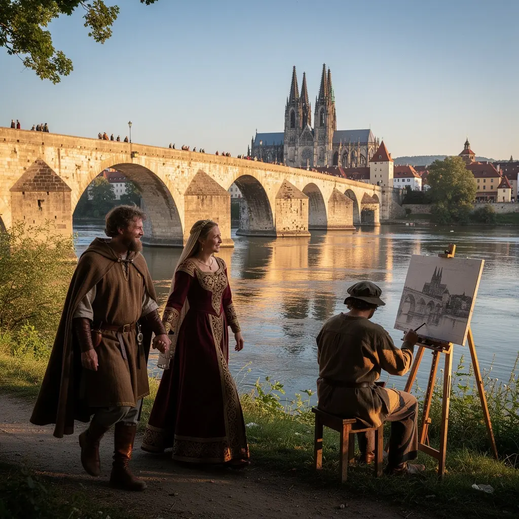Pittoreske Ansichten der Donau, die unter der Steinerne Brücke fließt.