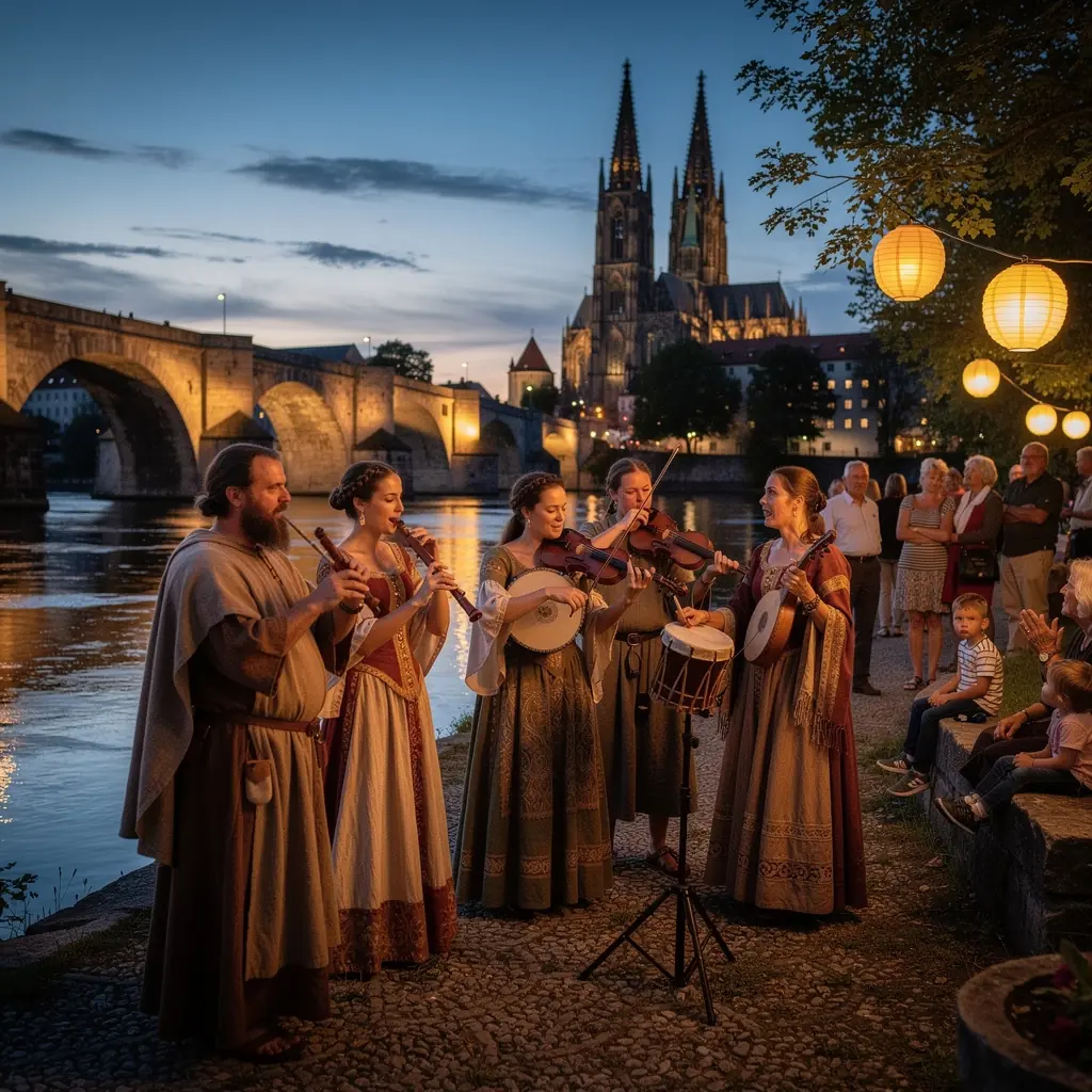 Besucher spazieren über die Steinerne Brücke und genießen die Aussicht auf die Altstadt.